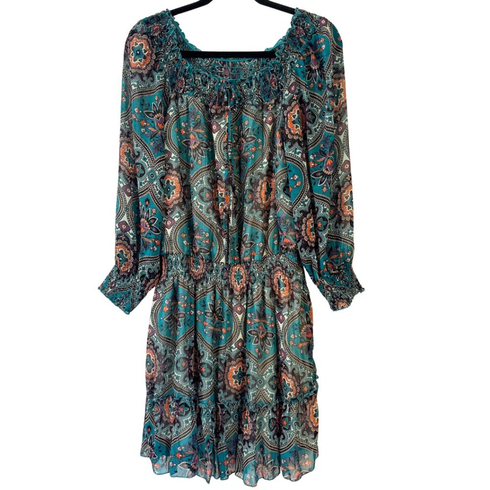 Xhilaration Long Sleeve Paisley Dress Smocked Neckline Ruffled Hem Size XL NEW - Picture 2 of 10